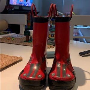 Red car rain boots